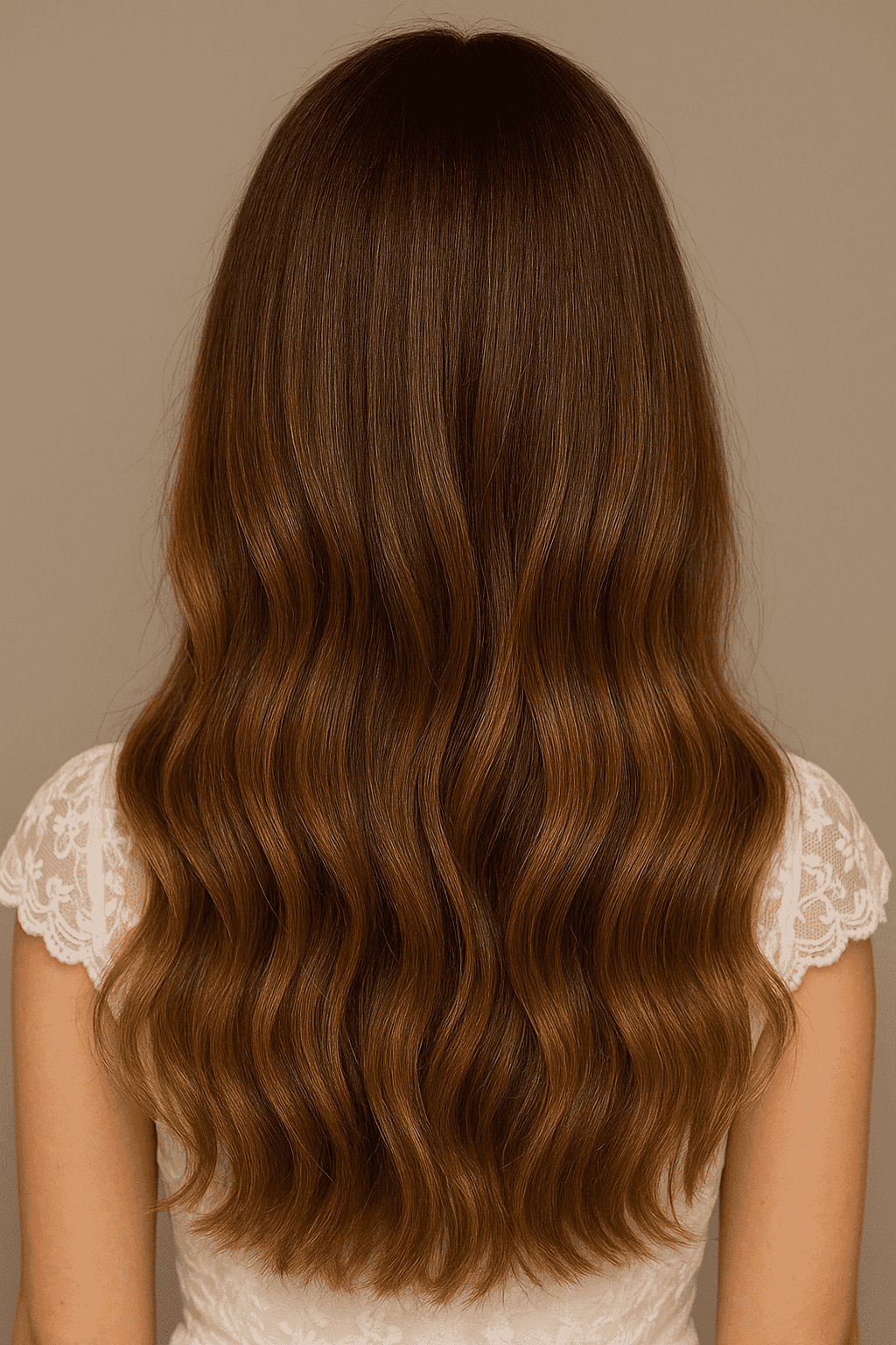 Long, wavy brown hair with lace detail on clothing, viewed from the back.