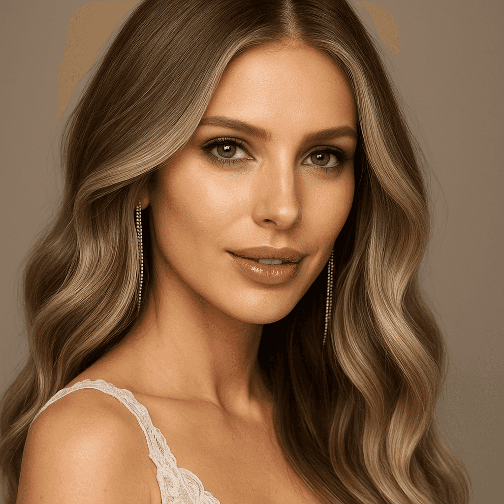 Woman with long wavy hair and elegant earrings, smiling softly.