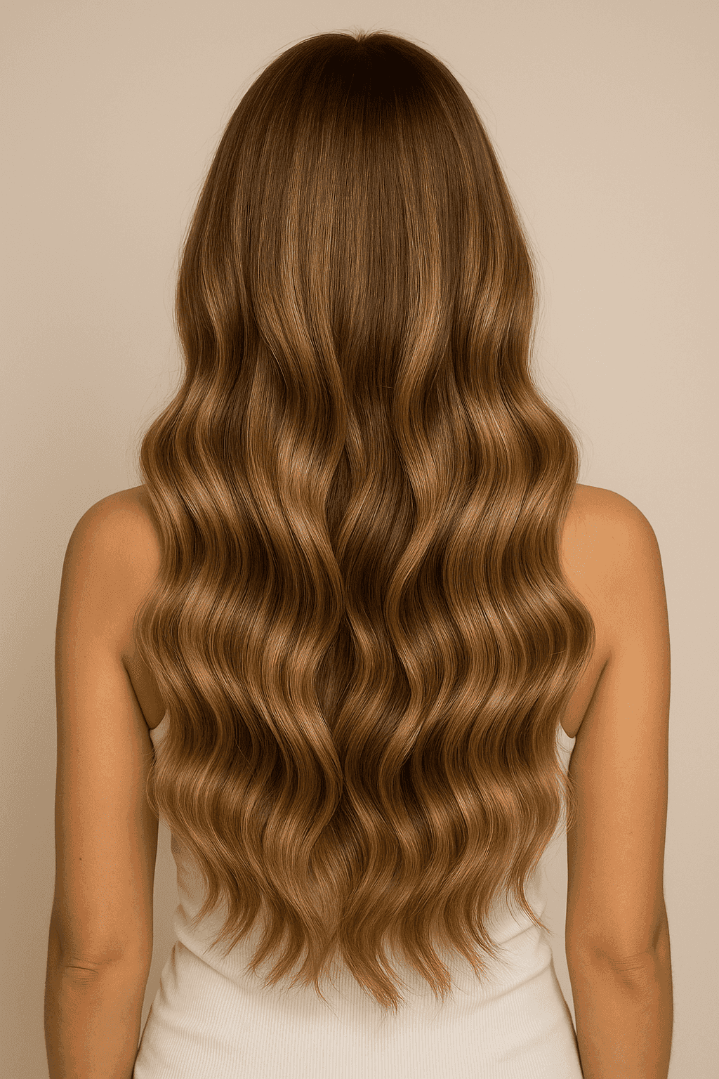 Long, wavy brown hair styled elegantly in soft waves, shown from the back.